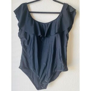 Dip Womens Black Ruffle One Piece Swimsuit Eyelef in the Back Size 2X